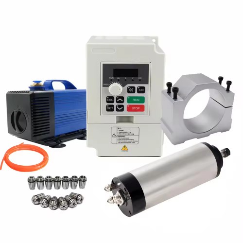 1.5KW VFD Spindle Kit huajiang1.5 + H100-1.5C2/S2 Indc. Water Cooled Spindle Motor + VFD + Water Pump + 13Pcs ER20 Collet + Bracket