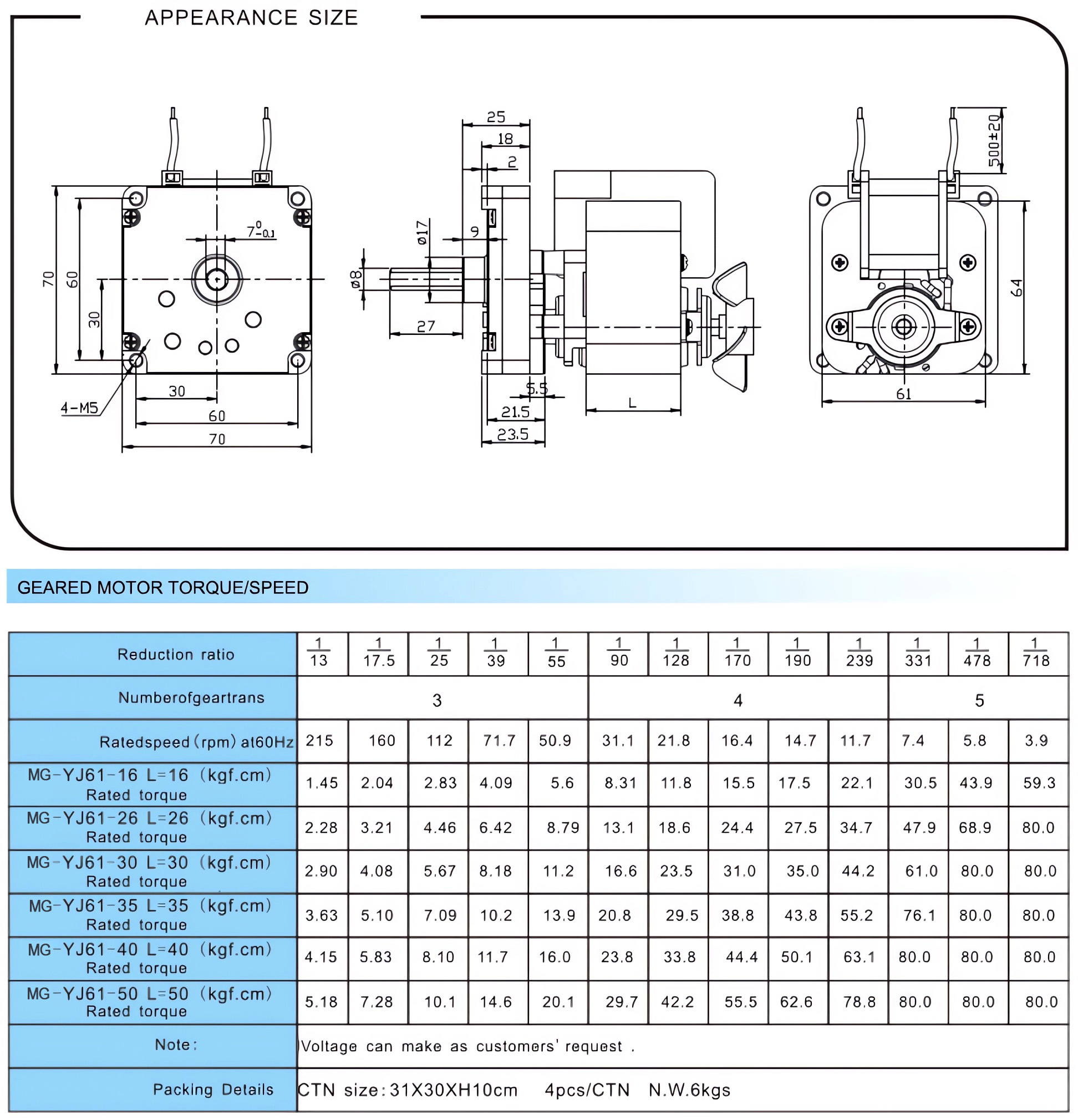 110/220V Shade Pole Gearmotor MG-YJ61 Single Phase with Ratio 13:1 - 718:1 Spur Gearbox