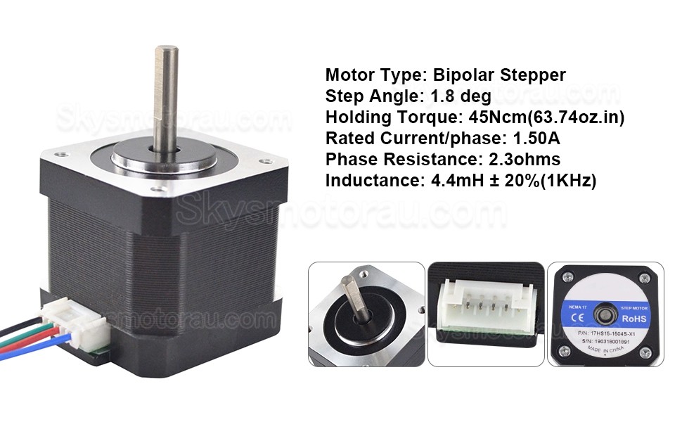 Nema 17 Bipolar Stepper Motor 17HS15-1504S-X1 45Ncm 12V 1.5A 42&times;42&times;39mm 4 Wires with 1m Cable and Connector