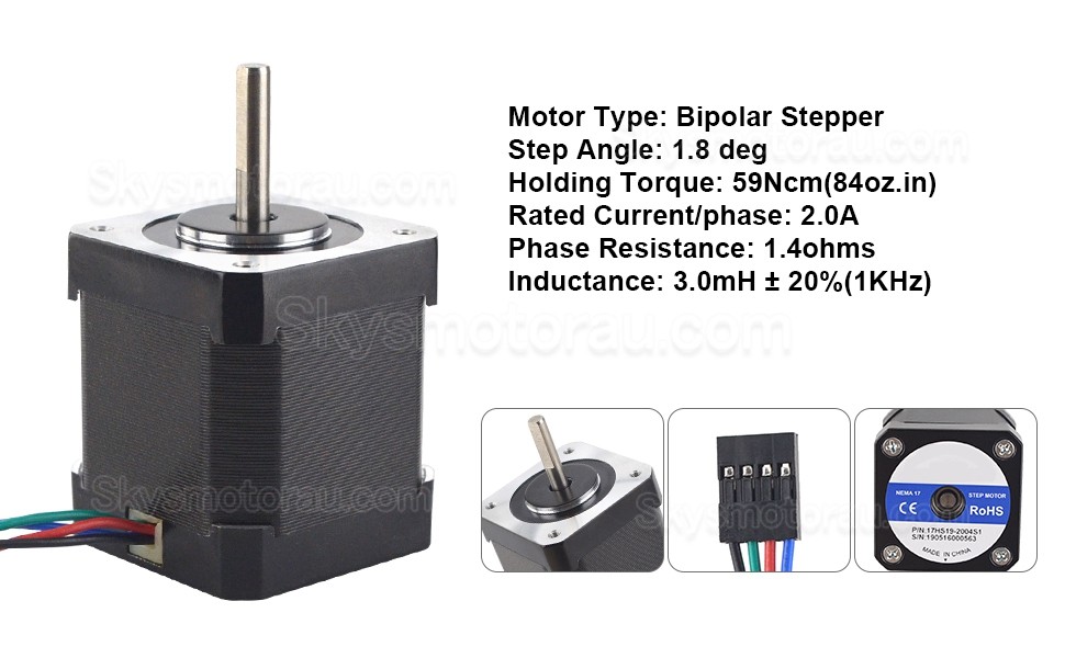 Nema 17 Bipolar Stepper Motor 17HS19-2004S1 59Ncm 2A 4 Wires with 1m Cable & Connector