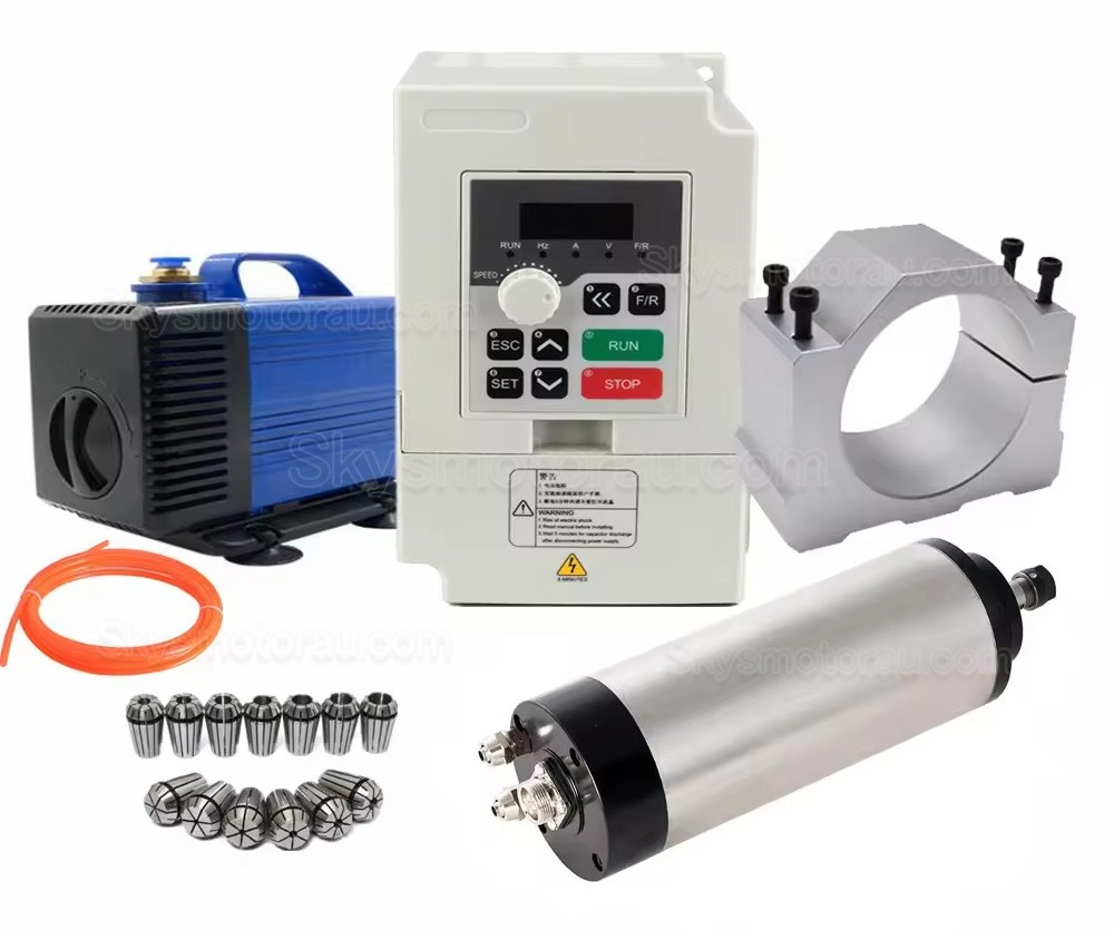 1.5KW VFD Spindle Kit huajiang1.5 + H100-1.5C2/S2 Indc. Water Cooled Spindle Motor + VFD + Water Pump + 13Pcs ER20 Collet + Bracket