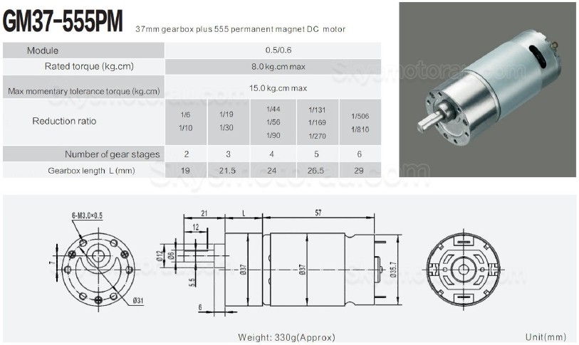 20Pcs &Phi;37mm 12V/24V Brushed PMDC Gearmotor GM37-555 with Reduction Ratio 6~810 Spur Gearbox