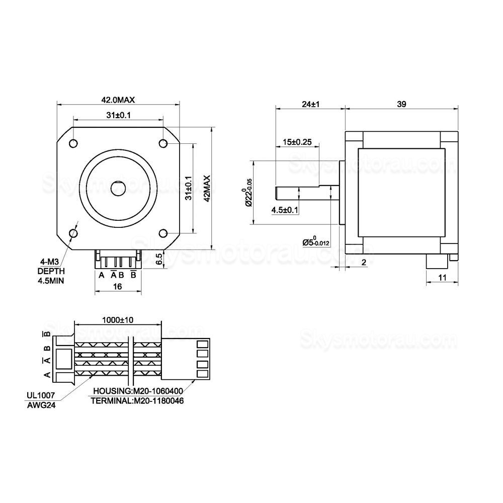 Nema 17 Bipolar Stepper Motor 17HS15-1504S-X1 45Ncm 12V 1.5A 42&times;42&times;39mm 4 Wires with 1m Cable and Connector