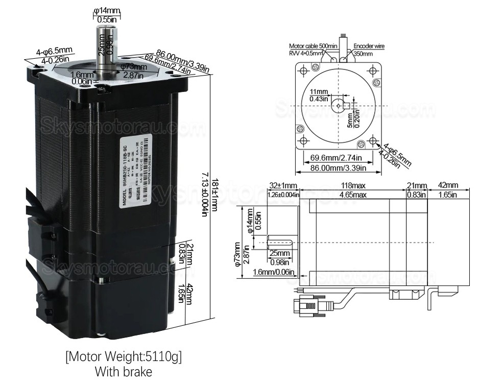 Nema 34 Closed Loop Stepper Motor Kit 86HB250-118B-HBS86 Brake 8N.m with HBS86 Stepper Driver + Brake