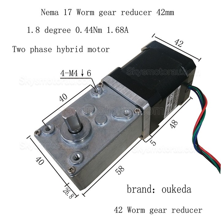 Oukeda Nema 17 Worm Gearbox Stepper Motor OSP001485 with 17:1/30:1/50:1/75:1/100:1/290:1/500:1 Worm Gearbox