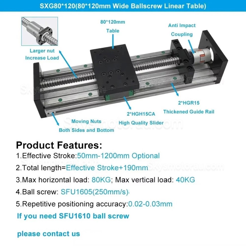 Heavy Duty Linear Slide Rails SXG80&times;120 Ballscrew CNC Linear Table Slide Fit Nema23 / 34 Motor