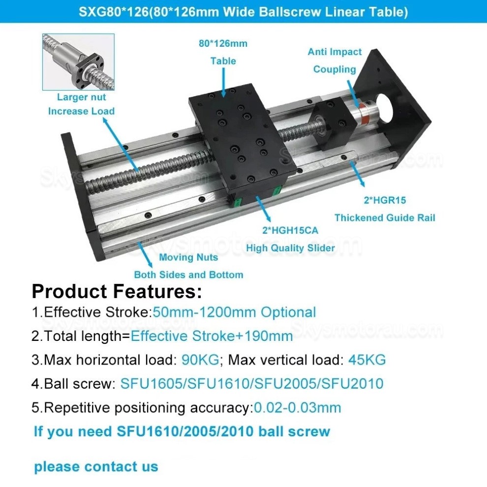Heavy Duty Linear Slide Rails SXG80&times;120 Ballscrew CNC Linear Table Slide Fit Nema23 / 34 Motor