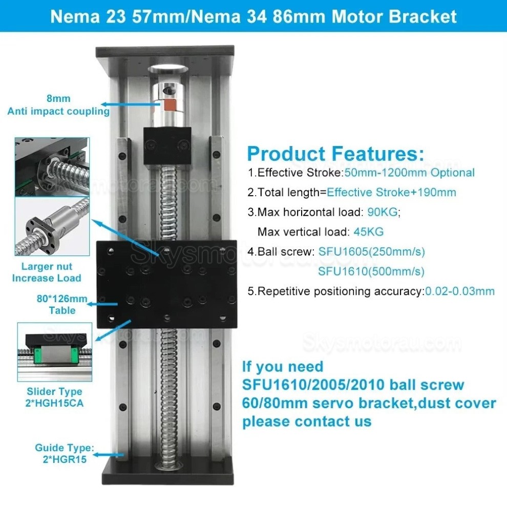 Heavy Duty Linear Slide Rails SXG80&times;120 Ballscrew CNC Linear Table Slide Fit Nema23 / 34 Motor