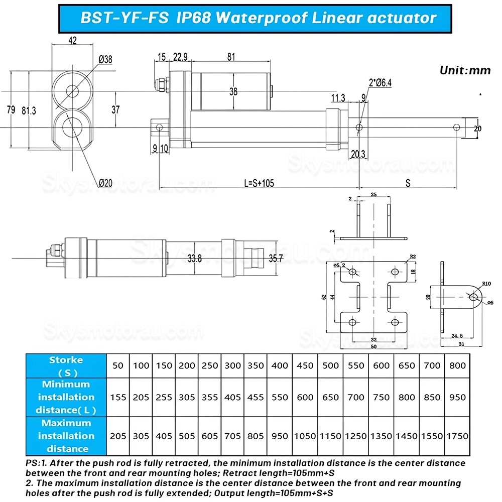 IP68 Submersible 12V Electric Linear Actuator BST-YF-FS Stroke Lenght 50-1000mm