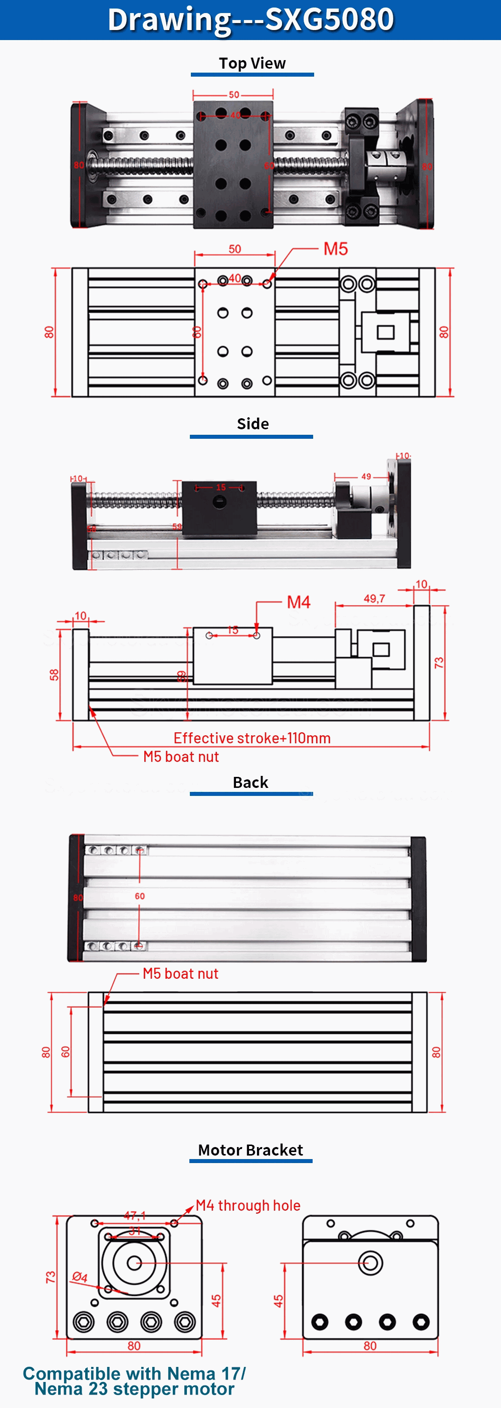 Linear Translation Stage SXG5080-1 CNC Ballscrew Linear Slide Fit Nema 17 / Nema 23 Stepper Motors