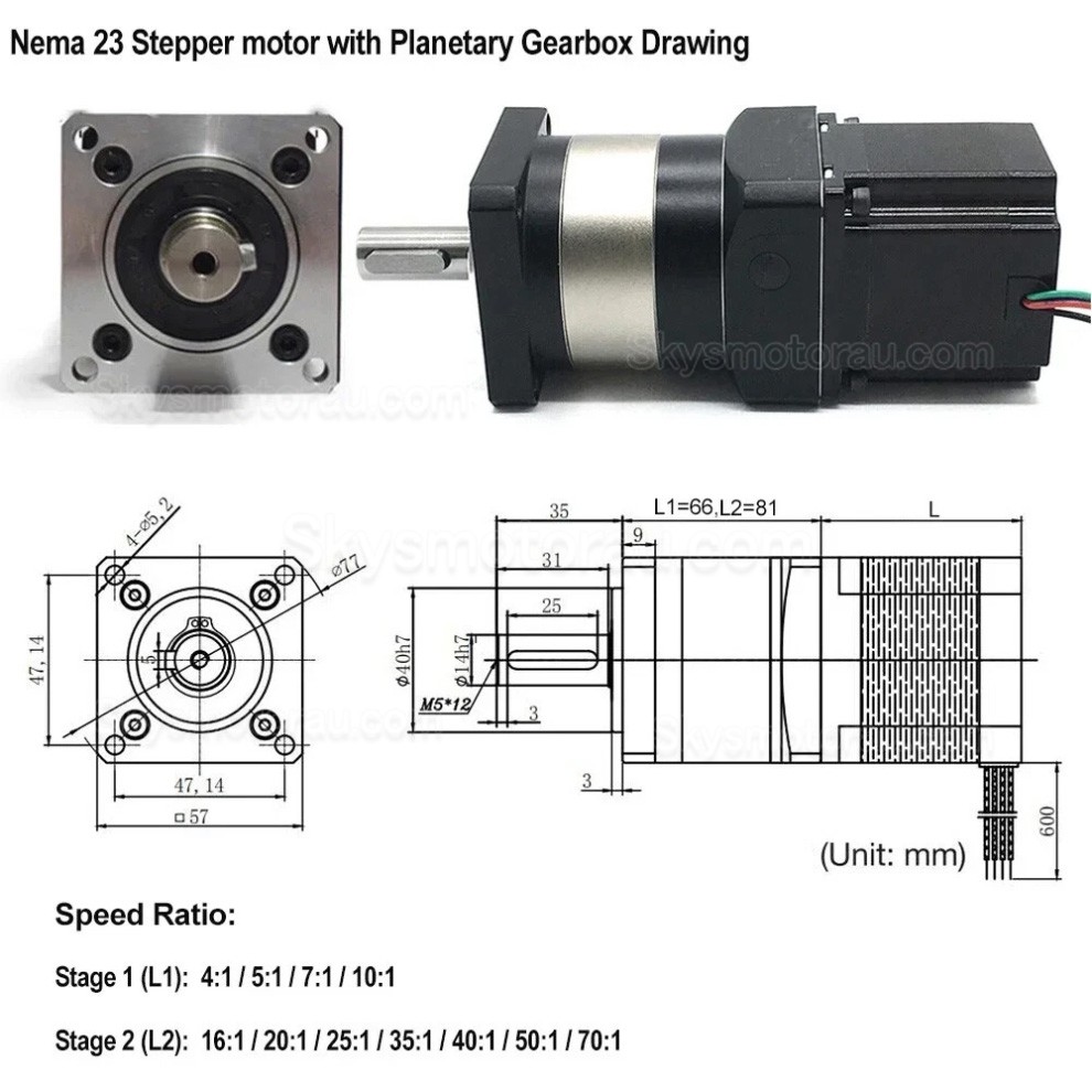 Nema 23 Geared Stepper Motor DLF+57HS5630A4D 3A with 4:1/5:1/10:1/20:1/25:1/40:1/50:1/100:1 Planetary Gearbox