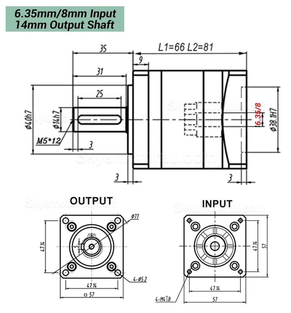 DLF Series Nema 23 Planetary Gearbox Ratio 4:1 - 100:1, Input Shaft 6.35mm/ 8mm