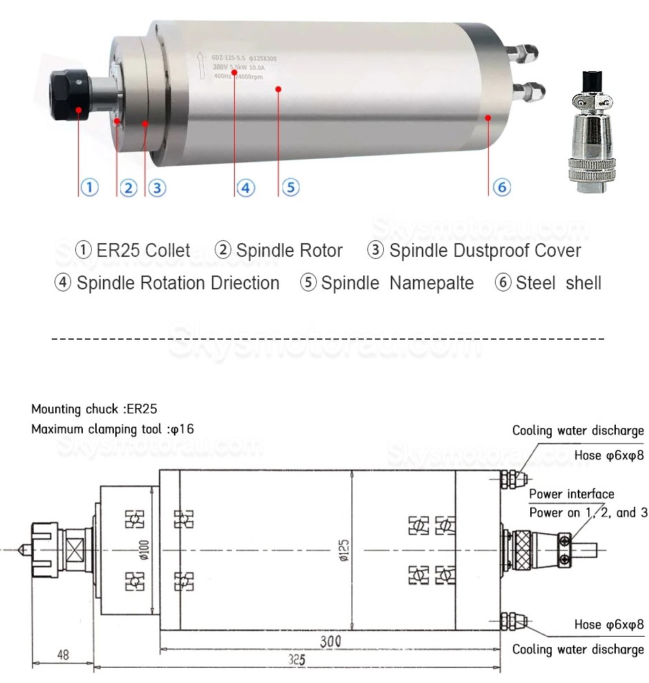 5.5KW Water Cooled Spindle Motor OSP001429 ER25 Collet 220V/380V 24000RPM