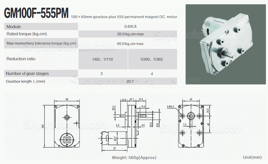 15Pcs 12V/24V Brushed PMDC Gearmotor GM100F-555PM PMDC Motor with Reduction Ratio 60~365 Rectangular Spur Gearbox
