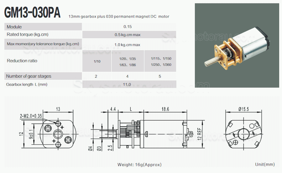 20Pcs 6V/12V Brushed PMDC Gearmotor GM13-030PA With Reduction Ratio 3-360 Spur Gearbox+B488