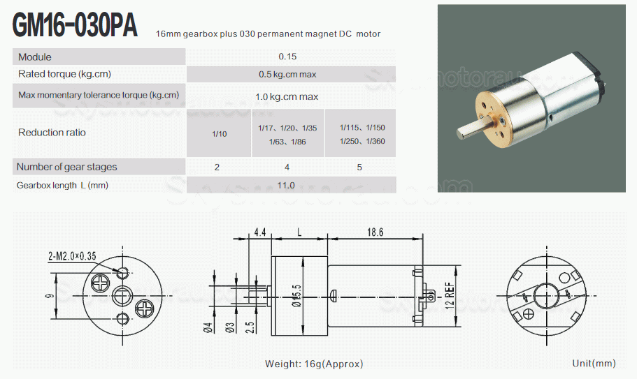20Pcs &Phi;15.5mm 6V/12V Brushed PMDC Gearmotor GM16-030PA With Reduction Ratio 18~336 Spur Gearbox