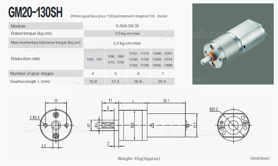 20Pcs &Phi;20mm 6V/12V Brushed Spur Gear Motor GM20-130SH with Reduction Ratio 29~488 Spur Gearbox