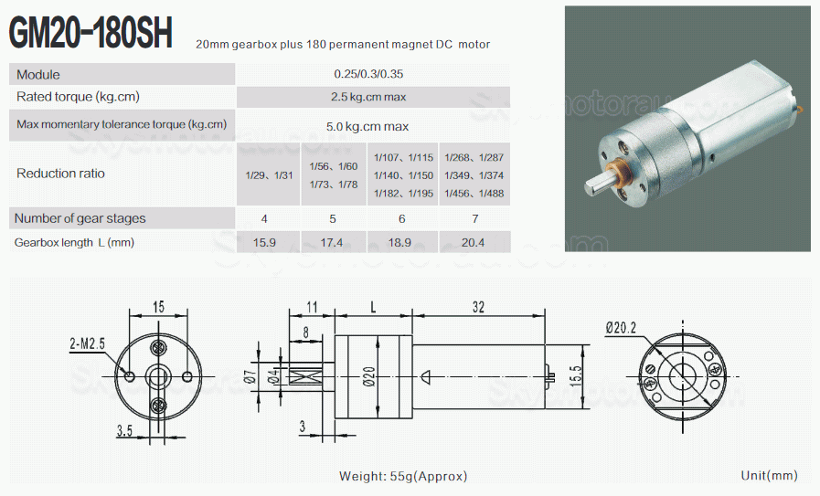 20Pcs &Phi;15.5mm 6V/12V Brushed Spur Gear Motor GM20-180SH with Reduction Ratio 29~488 Spur Gearbox