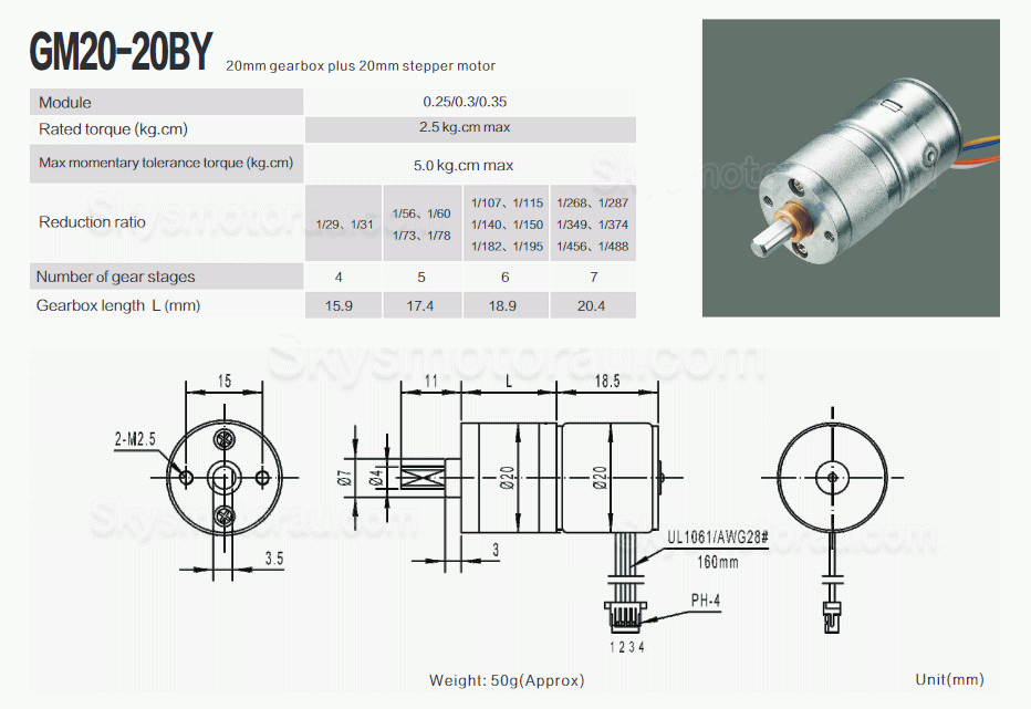 20Pcs 12V Micro DC Stepper Gear Motor GM20-20BY 18&deg; 0.12A 2.5kg.cm 2 Phase with Ratio 29-488 Gearbox