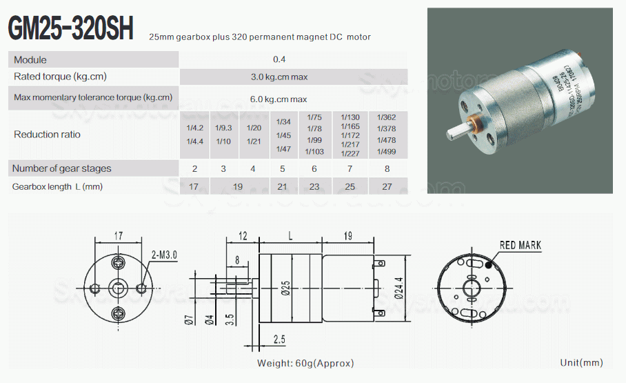 20Pcs &Phi;25mm 6V/12V Brushed Spur Gear Motor GM25-320SH with Reduction Ratio 4~499 Spur Gearbox