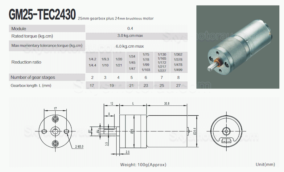 20Pcs &Phi;25mm 12V/24V Brushed PMDC Gearmotor GM25-TEC2430 with Spur Gearbox Ratio 4~499 0.2-5kg.cm