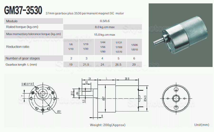 20Pcs 12V/24V Brushed PMDC Gearmotor GM37-3530 with Reduction Ratio 6~810 Spur Gearbox