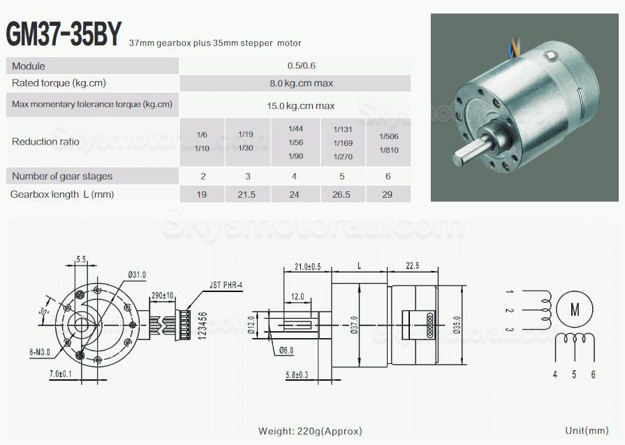 20Pcs 12V Brushed DC Stepper Gear Motor GM37-35BY 7.5&deg;with Reduction Ratio 6~810 Spur Gearbox