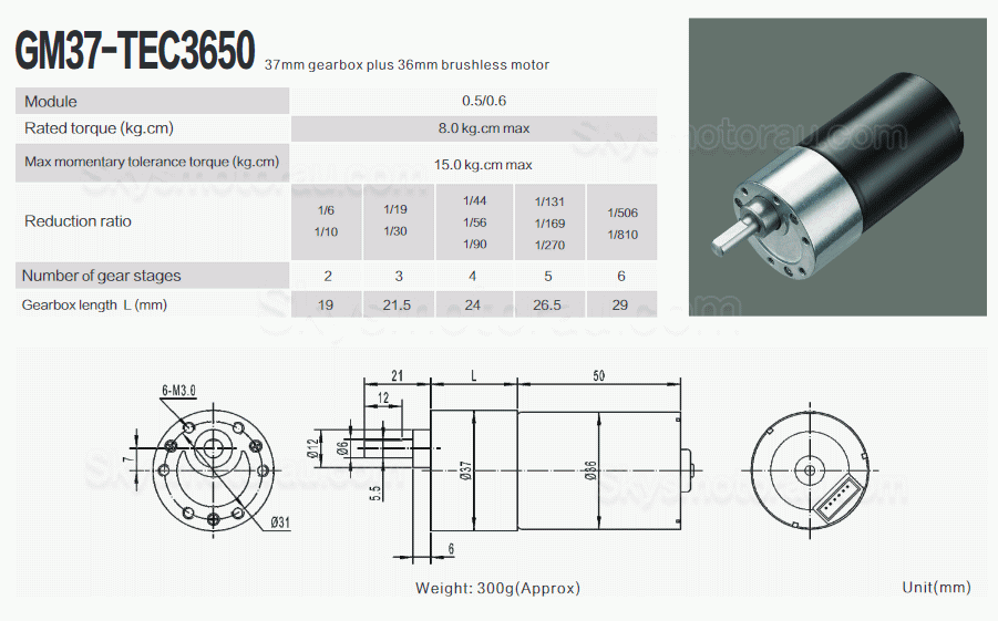 20Pcs 12V/24V Brushless Spur Gear Motor GM37-TEC3650 7W/11W with Ratio 6~810 Spur Gearbox