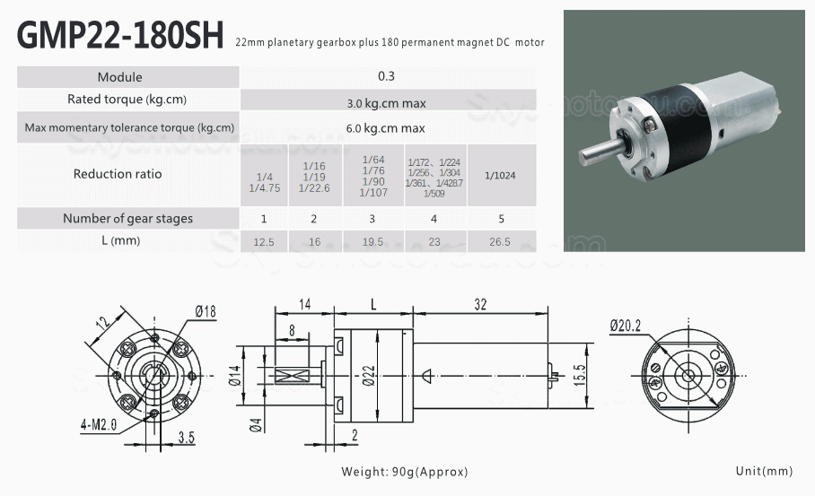 20Pcs &Phi;22mm 6V/12V Brushed DC Gearmotor GMP22-180SH with Planetary Reduction Gearbox