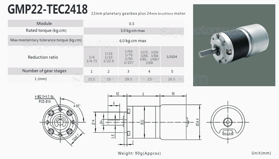 20Pcs &Phi;22mm 12V/24V BLDC Planetary Gear Motor GMP22-TEC2418 3.0kg.cm 1.54w With Planetary Gearbox