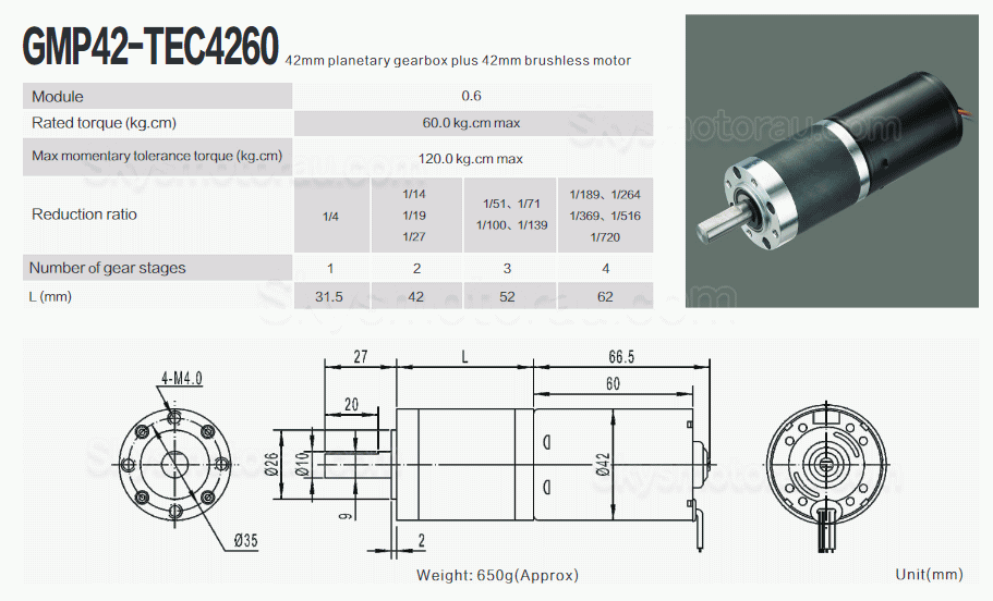 15Pcs Φ42mm 12V/24V Brushless DC Planetary Gear Motor GMP42-TEC4260 60kg.cm 21W With Planetary Gearbox