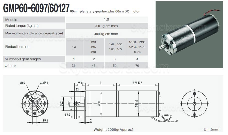 10Pcs &Phi;60mm 12V/24V High Torque Brushed PMDC Gearmotor GMP60-60127 with Ratio 4~326 Planetary Gearbox