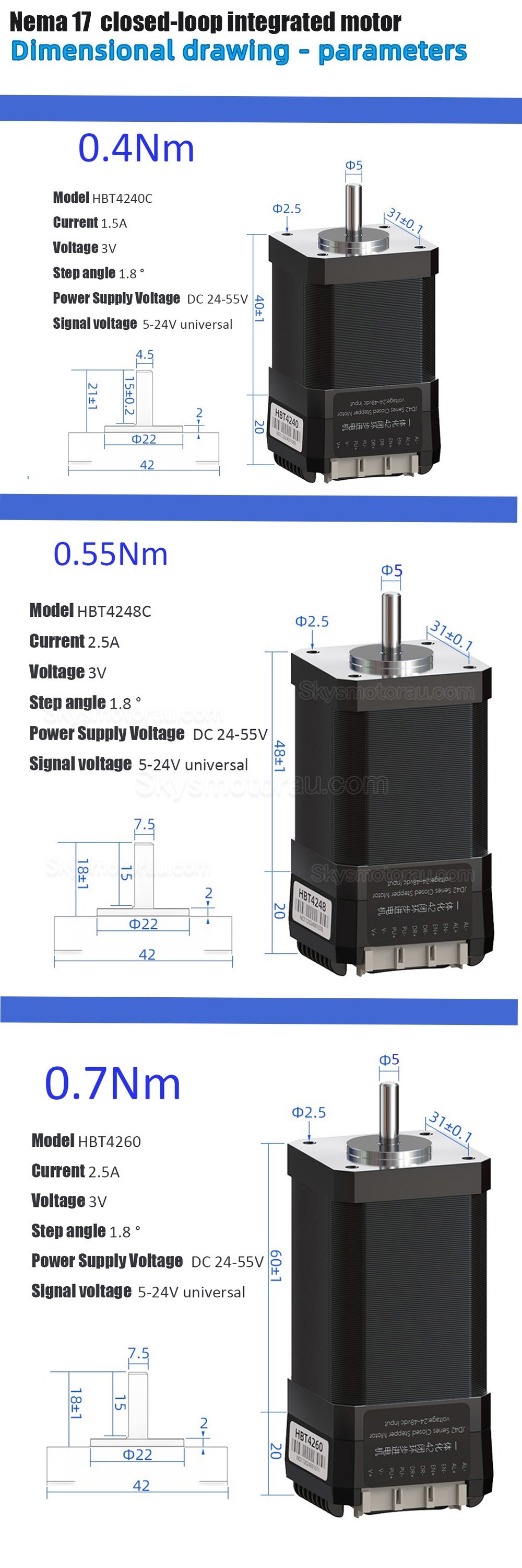 HBT42 Series Nema 17 Closed Loop Integrated Stepper Motor 0.4Nm/0.55Nm/0.7Nm with Drive 1000 Line Encoder