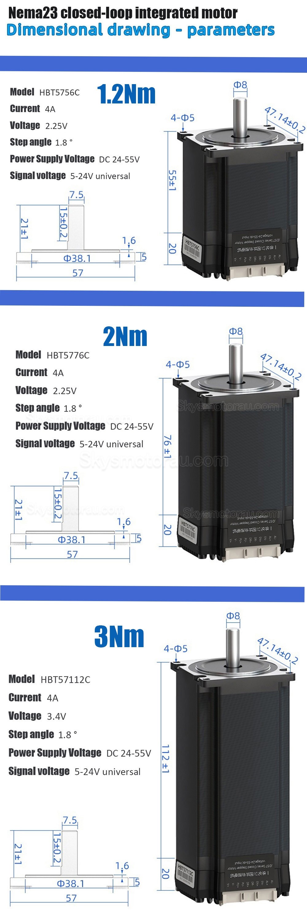 HBT57 Series Nema 23 Closed Loop Integrated Stepper Motor 1.2Nm/2Nm/3Nm with Drive 1000 Line Encoder