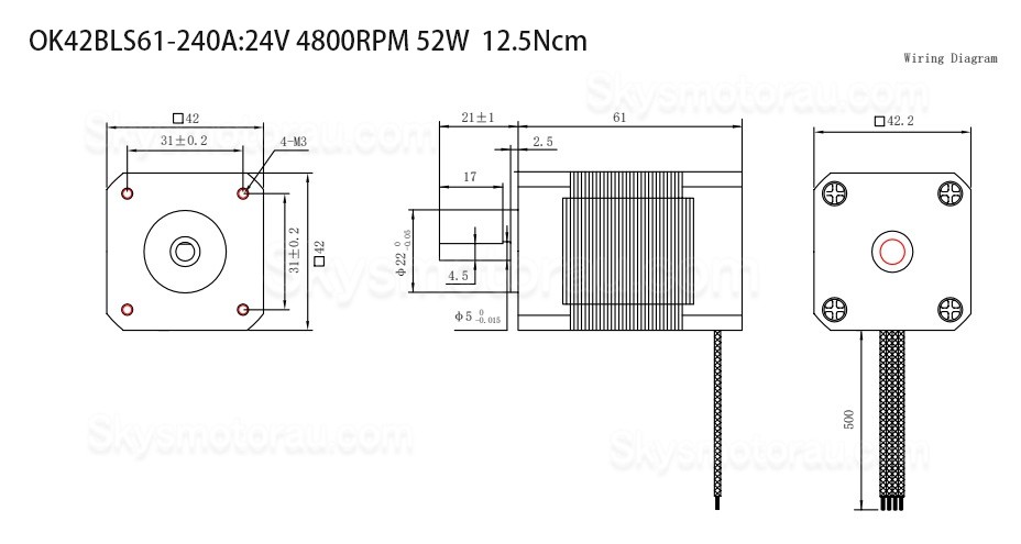 24V 3 Phase Brushless BLDC DC Motor OK42BLS 6.25Ncm-18.5Ncm 1500RPM/4000RPM 42x42mm