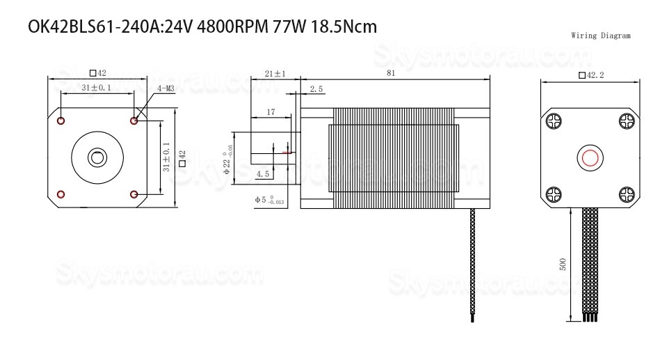 24V 3 Phase Brushless BLDC DC Motor OK42BLS 6.25Ncm-18.5Ncm 1500RPM/4000RPM 42x42mm