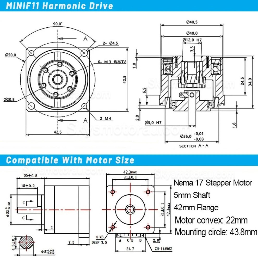 MINIS/MINIF Series Harmonic Stepper Motor with Ratio 30:1/50:1/100:1 Harmonic Gearbox