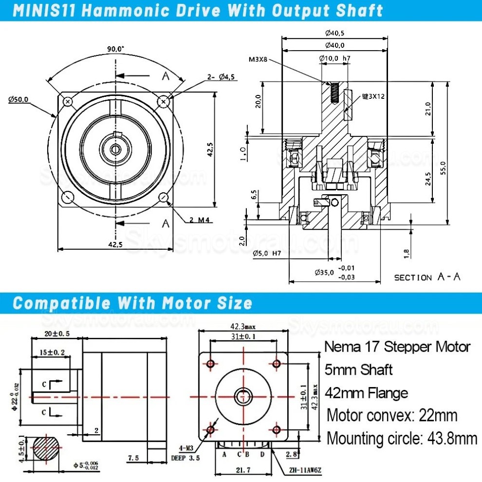 MINIS/MINIF Series Harmonic Stepper Motor with Ratio 30:1/50:1/100:1 Harmonic Gearbox