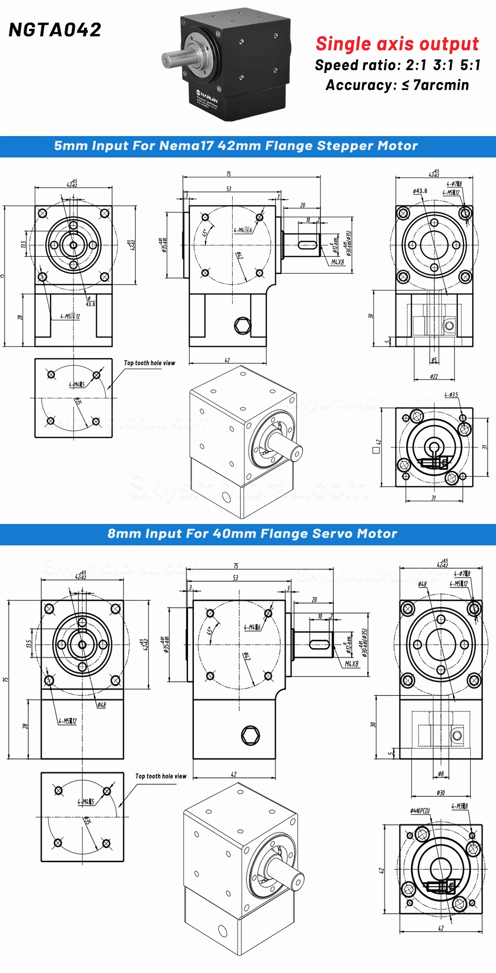 Nema 17 Right Angle Commutator 90 Degree Bevel Gearbox 2:1/3:1/5:1 for Nema 17 Stepper Motor