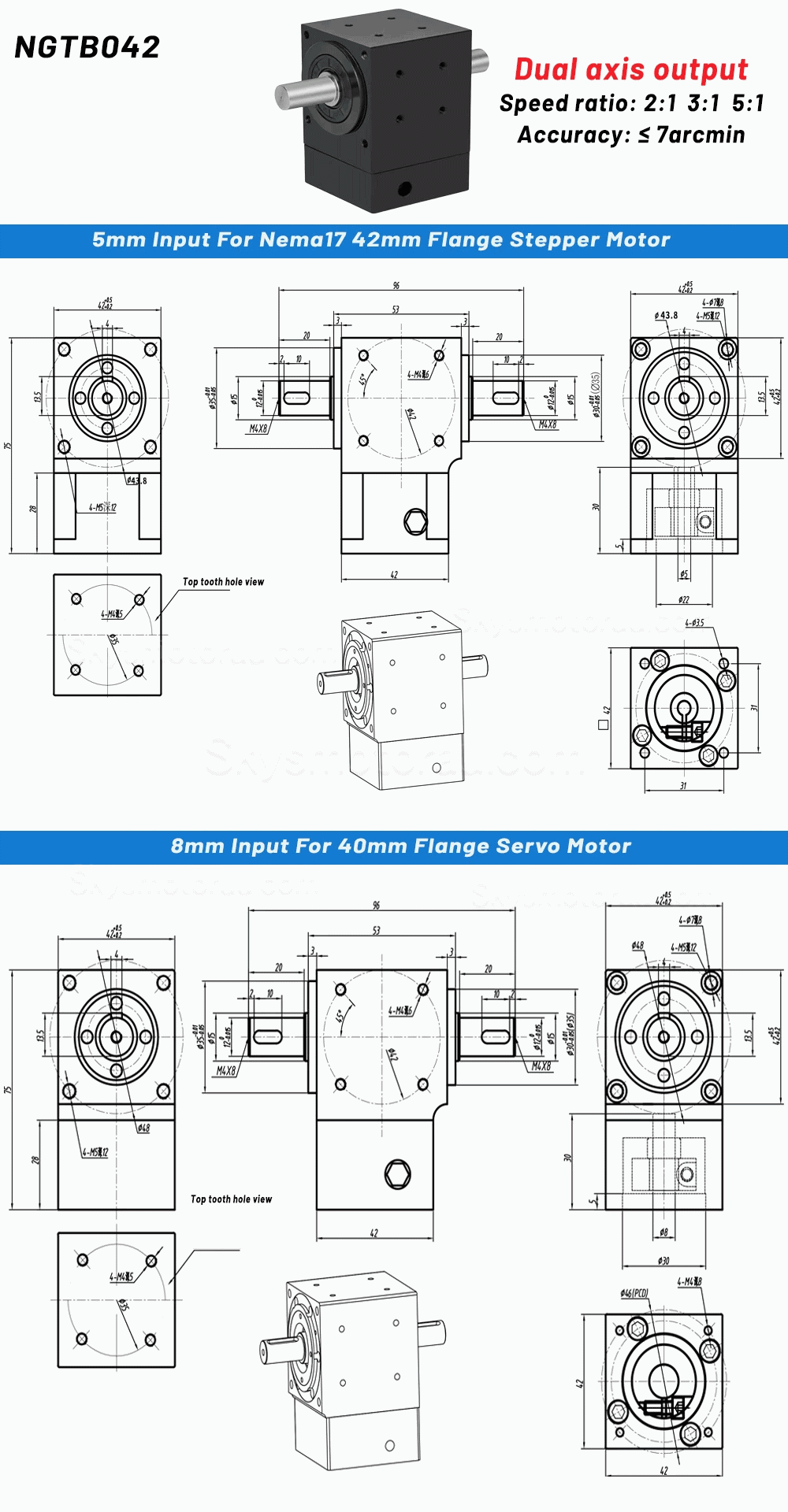 Nema 17 Right Angle Commutator 90 Degree Bevel Gearbox 2:1/3:1/5:1 for Nema 17 Stepper Motor