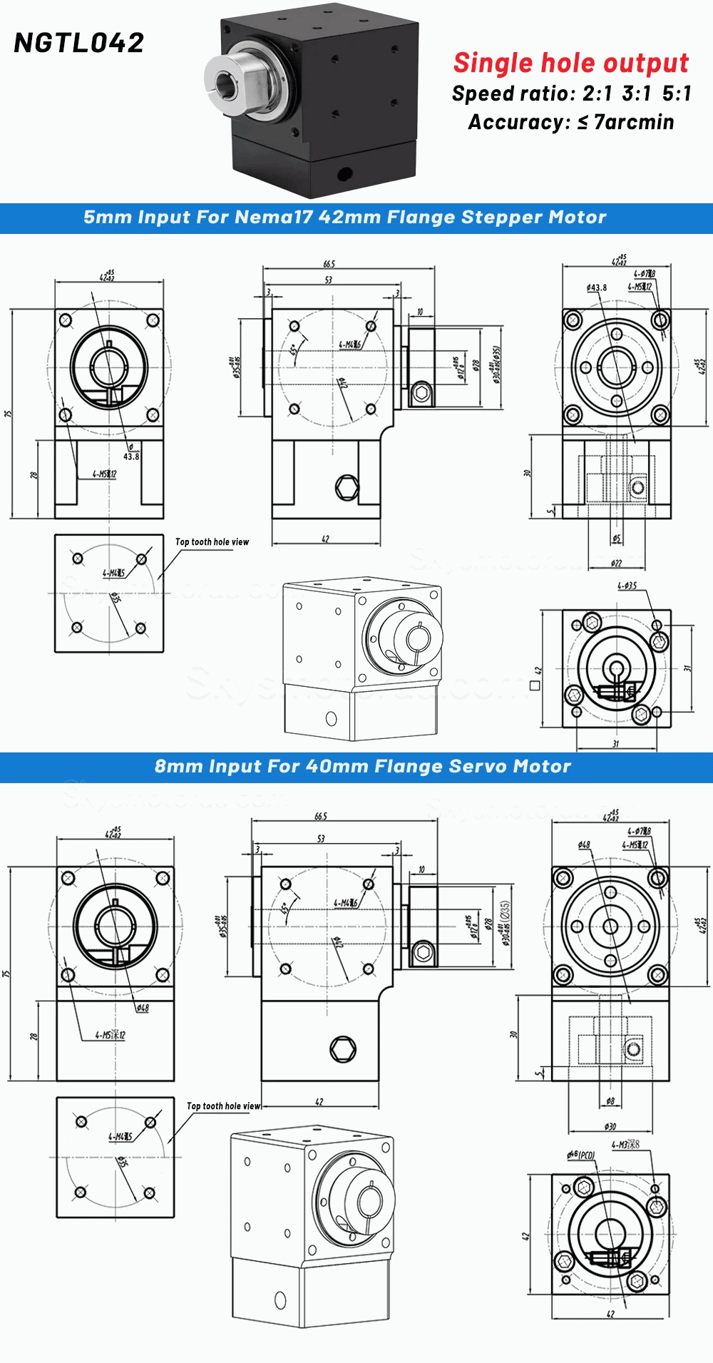 Nema 17 Right Angle Commutator 90 Degree Bevel Gearbox 2:1/3:1/5:1 for Nema 17 Stepper Motor