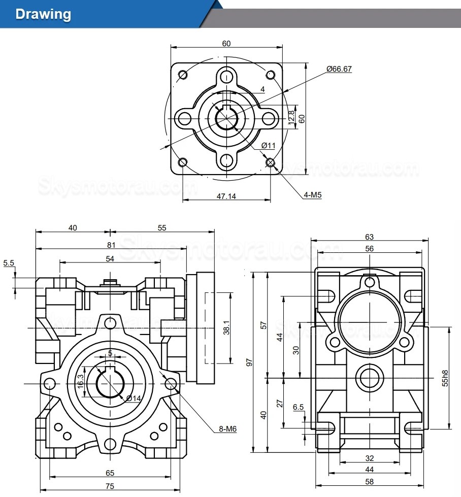 NMRV030 Worm Drive Gearbox 5:1 10:1 20:1 30:1 50:1 Fit Nema 23 Stepper / Servo Motor