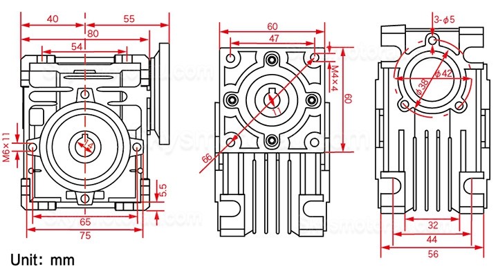 NMRV030 Worm Worm Drive Gearbox Ratio 10:1 15:1 20:1 25:1 30:1 40:1 for Nema23 Stepper Motor / Servo Motor