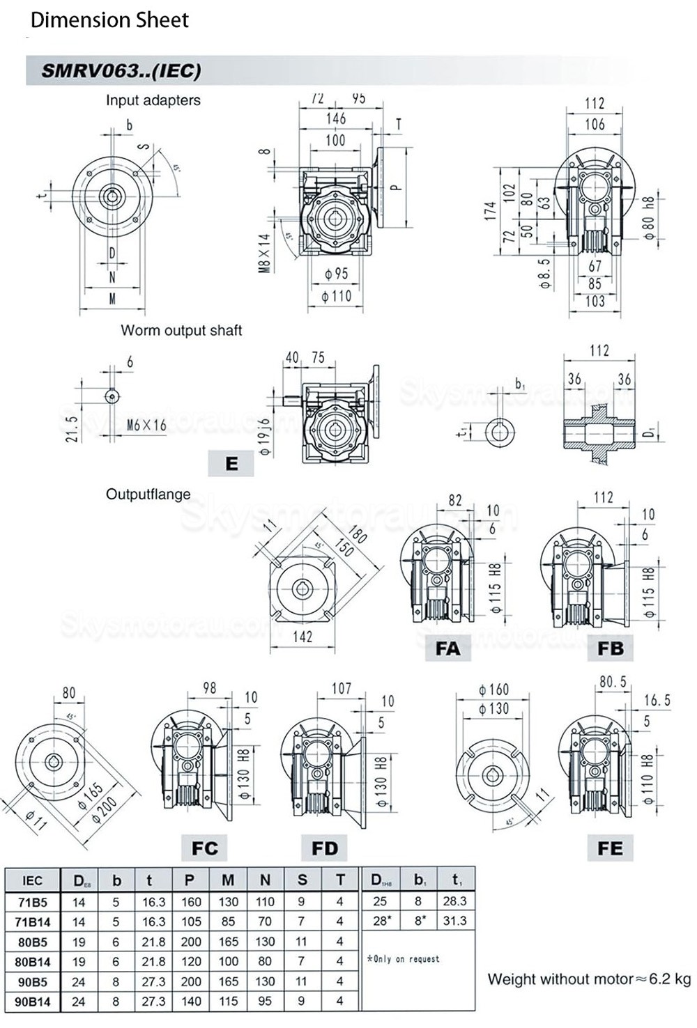 RV063 80B5/90B14 Round Worm Gearbox Ratio 7.5:1 10:1 15:1 20:1 30:1 Input 19mm/24mm