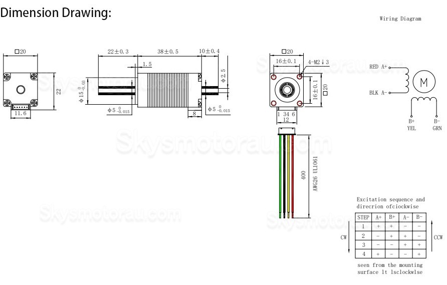 Nema 8 Hollow Shaft Bipolar Stepper Motor OK20HC38-22NK1 3.13Ncm 0.6A 1.8 Deg Dual Shaft