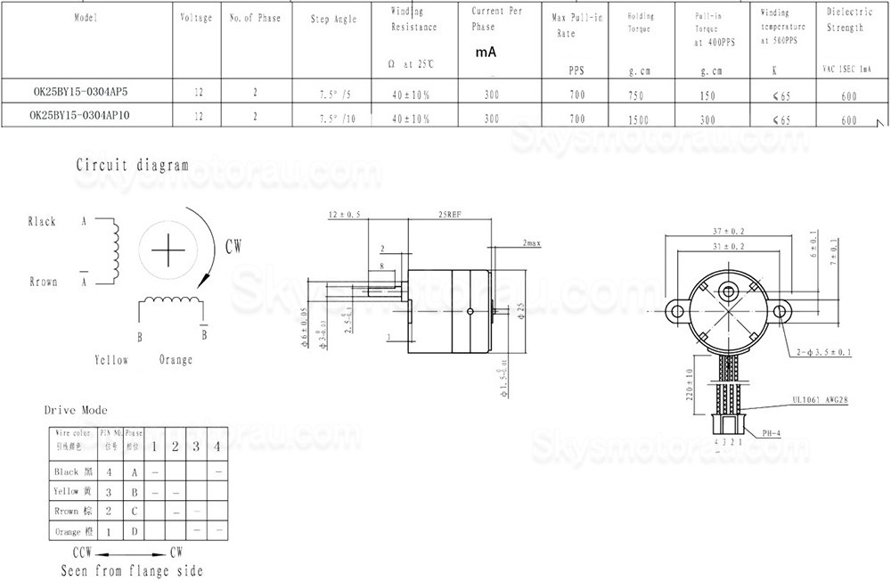 Oukeda OK25BY15-Series &Phi;25mm PM Geared Stepper Motor 7.5 Deg 12V 2 Phase with 5:1 /10:1 Gearbox