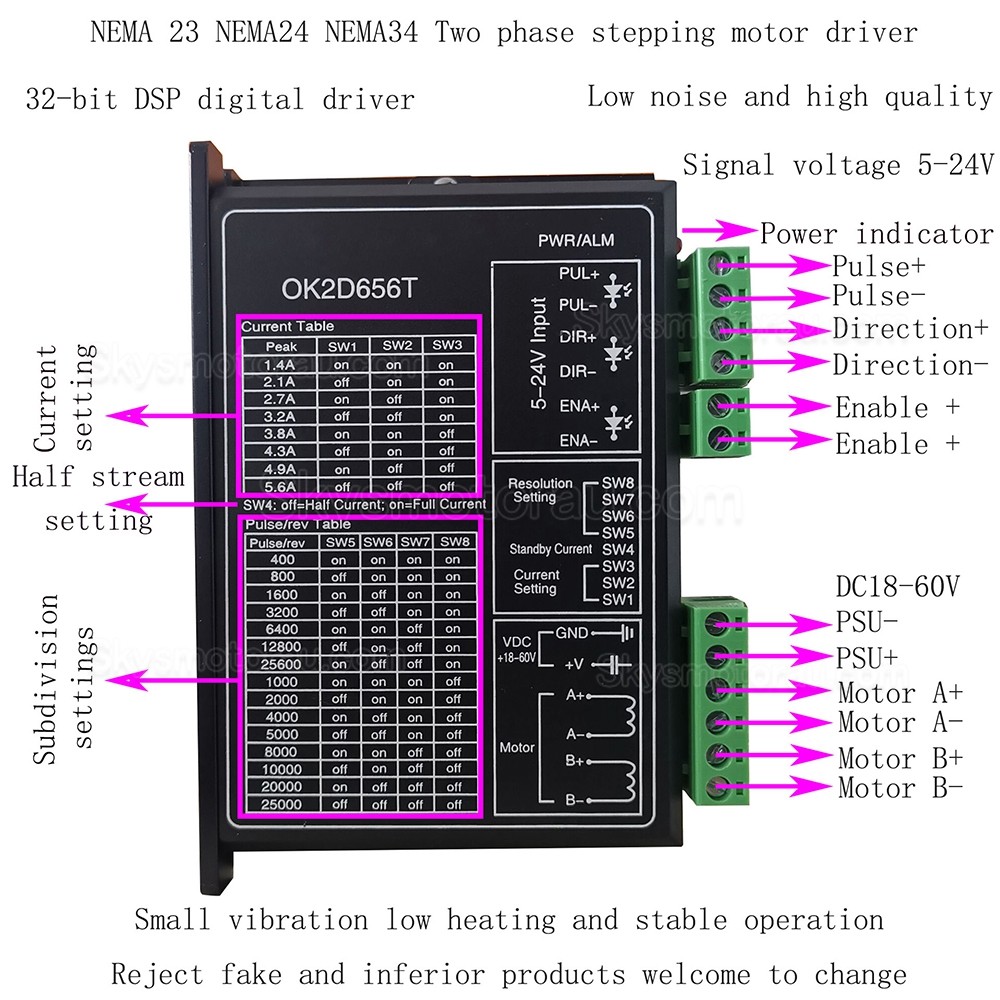 Digital Stepper Driver Oukeda OK2D656T 1.4-5.6A 18-60VDC for NEMA23 NEMA24 NEMA34 Stepper Motor