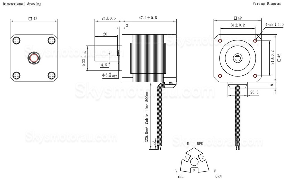 Oukeda NEMA 17 Bipolar Stepper Motor OK423P47-154A 32Ncm 3 Phase 1.5A 1.2 Deg 3 Wires