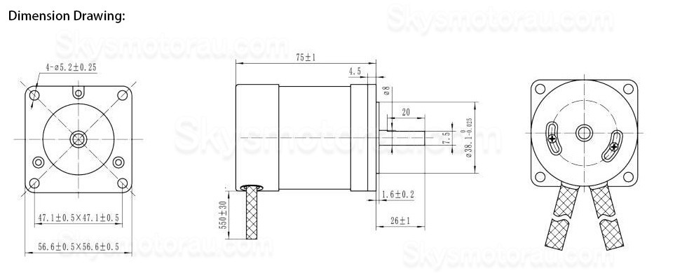 24V Brushless DC Motor BLDC Motor OK57BLS75-230 3 Phase 4 Poles 3000RPM 22Ncm 57x57mm