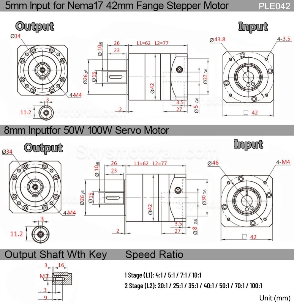 PLE042 Series Planetary Gearbox Ratio 4:1 - 100:1 for NEMA17 Stepper Motor / 40mm Servo Motor 50W 100W